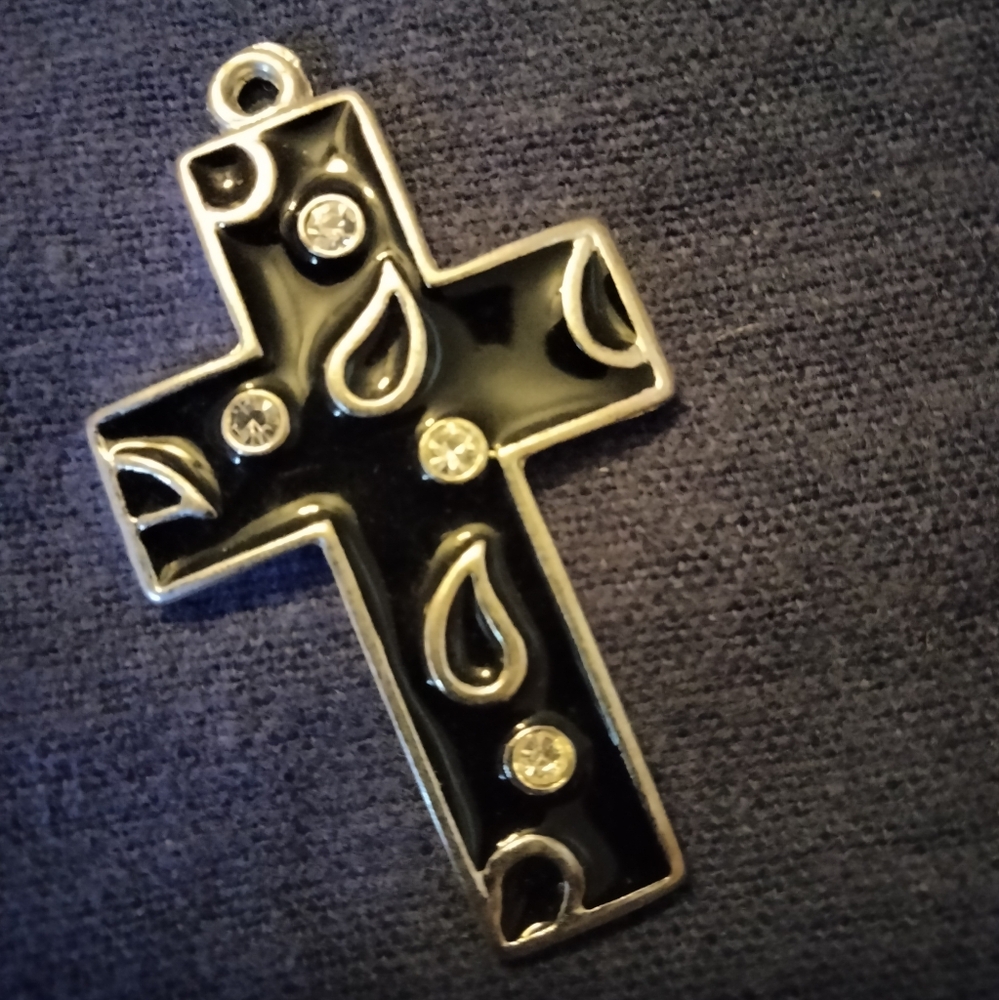 3 for💲25🌟silver-tone & black enamel Christian cross pendant tears rhinestones